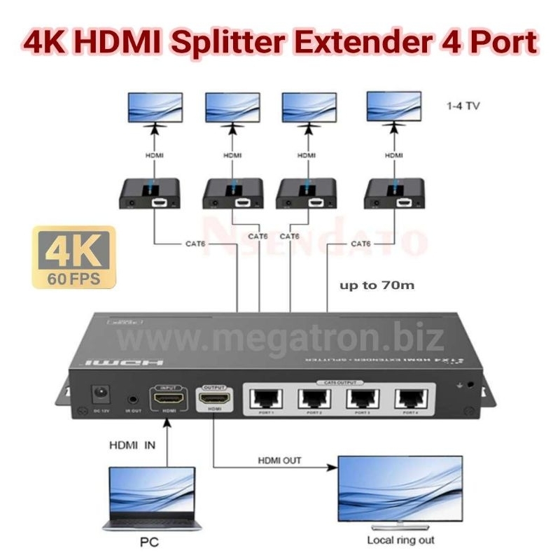4K HDMI Extender 4 Port over UTP cable - HDMI 2.0 Splitter Extender (up to 70m)