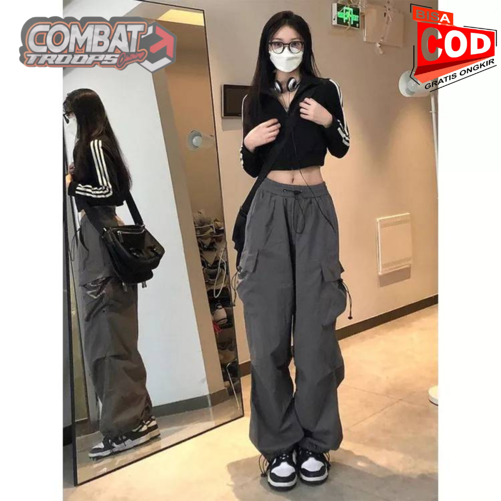 Pants Wanita Premium Highwaist Polos Casual Serut Oversize Celana Lily Cargo Pants Celana Cargo Stre