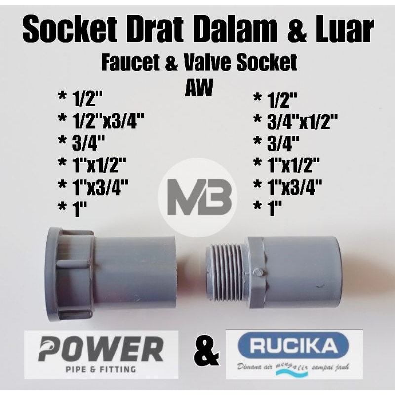 Sambungan Pipa Pralon Lurus Drat Dalam dan Drat Luar 1/2" l 3/4" l 1" l SDD Sock Drat Dalam l SDL So