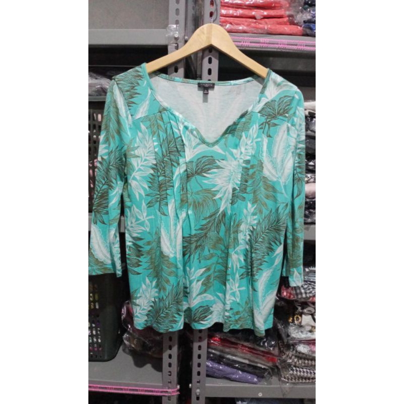 TALBOTS ATASAN WANITA MOTIF DAUN WARNA TOSKA BRANDED SISA EKSPOR