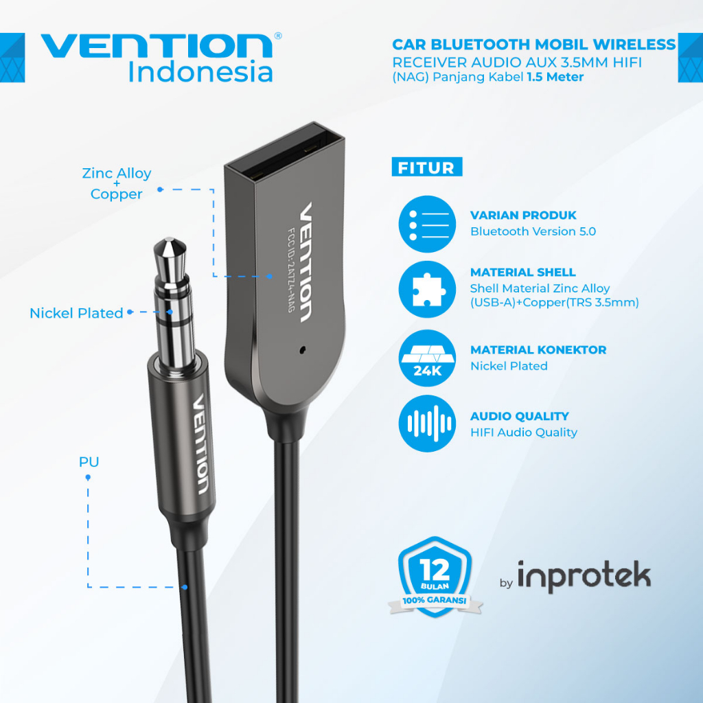 Vention Car Bluetooth Mobil Wireless Receiver Audio Aux 3.5mm Hi-Fi