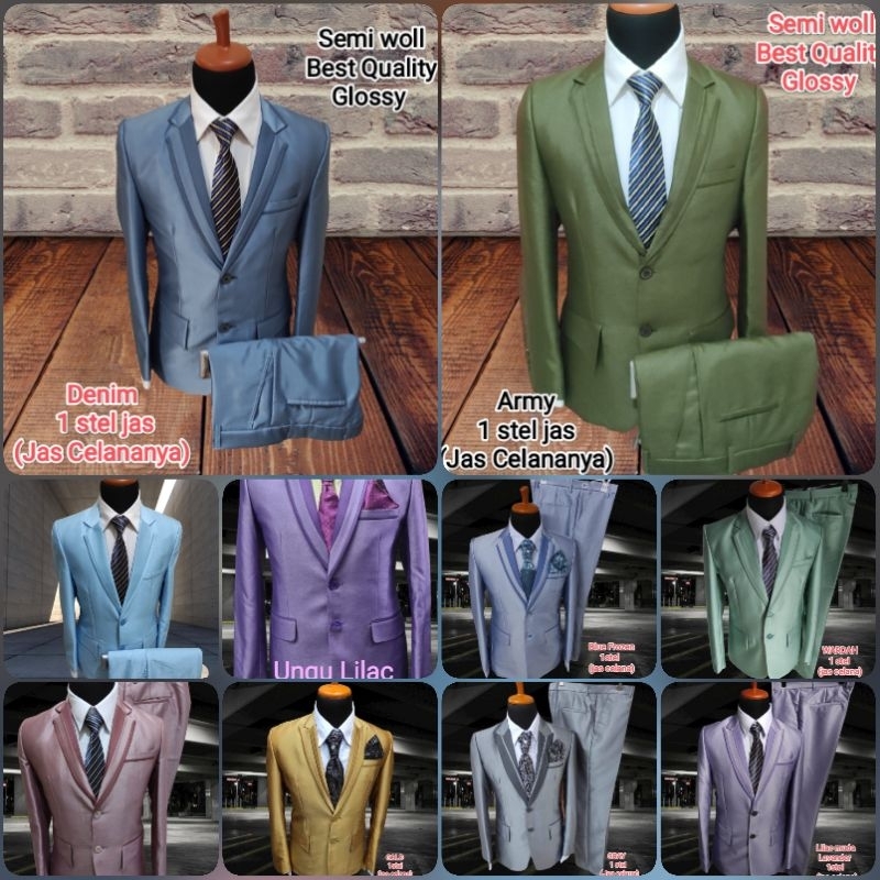 (Podo Moro) jas Denim jas Hijau Army 1 stel jas semi woll kilap jas wedding jas nikah jas pernikahan