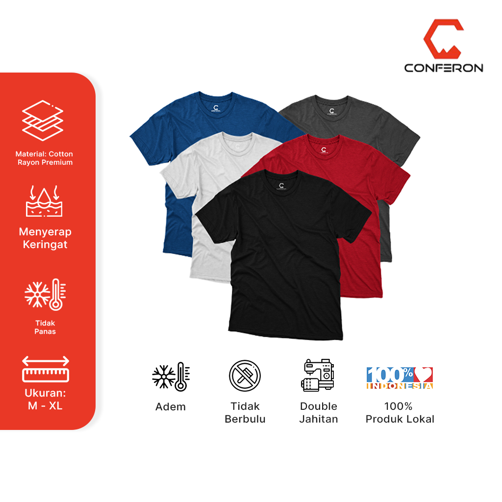 Conferon - Kaos Polos Pria Wanita Bahan Cotton Combed 30s Premium Ukuran M L XL XXL XXXL Menyerap Ke