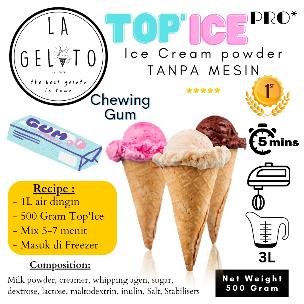 

500gr Bubuk Es krim Top ice tanpa mesin rasa Chewing Gum