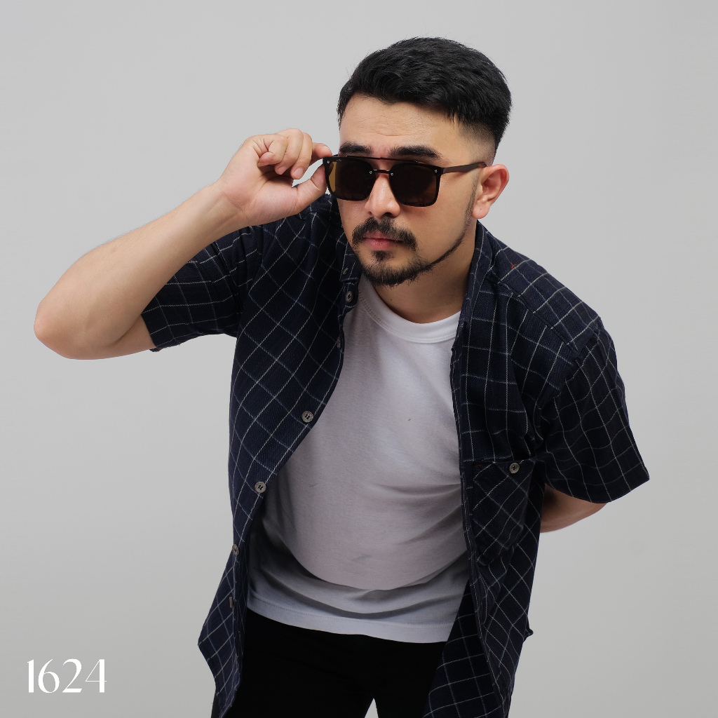 DGM Kemeja Pria Flanel Lengan Pendek Premium Navy Garis Coklat 1624