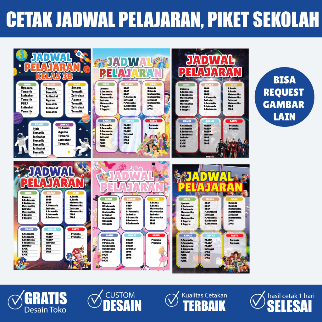 CETAK JADWAL PELAJARAN / JADWAL PIKET SEKOLAH BISA REQUEST DESAIN/GAMBAR