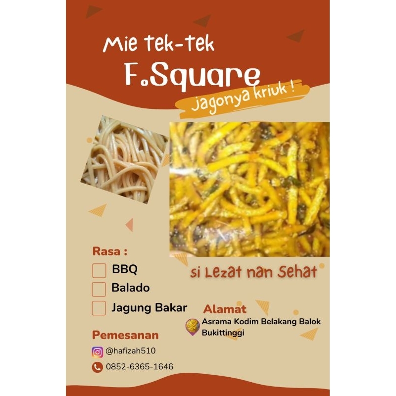 

cemilan makanan ringan Mie Tek-Tek f.square terbaru enak sehat kriuk rasa BBQ, balado, dan jagung bakar