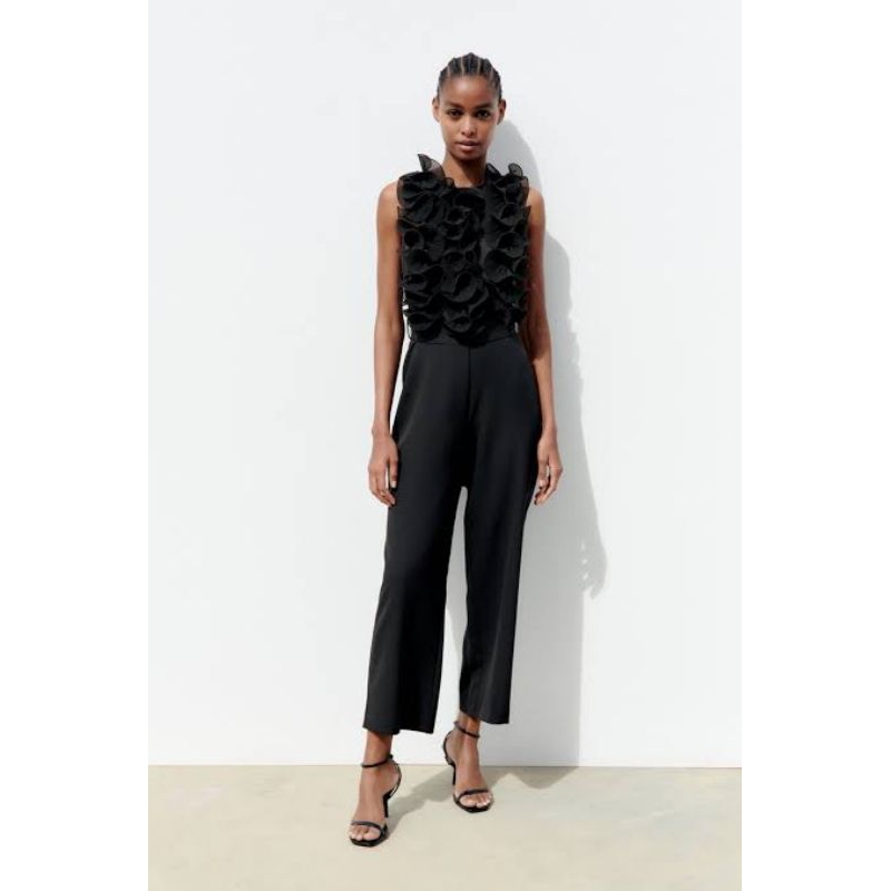 zara black ruffle jumpsuit hitam original NW23