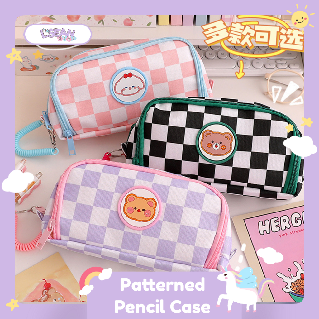 

PENCIL CASE KOREA CHECKERED CUTE BEAR MULTIFUNGSI MAKEUP POUCH DUAL ZIPPER DEPAN BELAKANG