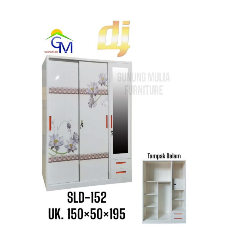 Lemari Pakaian Plat Sliding 3 Pintu Kaca