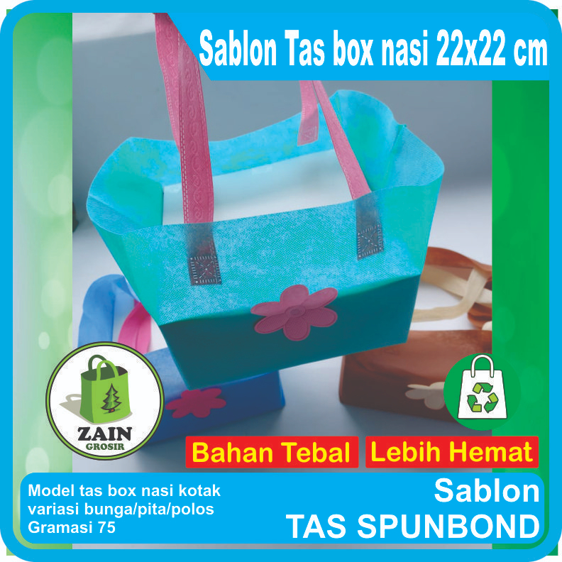 

Sablon Custom tas box nasi 22x22 cm Tas spunbond tali kain nonwoven furing press kantong bag goodie souvenir
