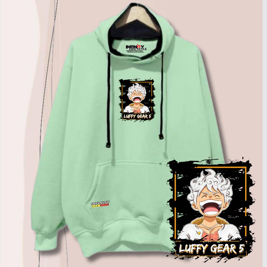 Hoodie Pria Distro Original Bandung Sablon LUFFY GEAR 5 Warna Hijau Mint Hoodie Wanita Anime Korean 