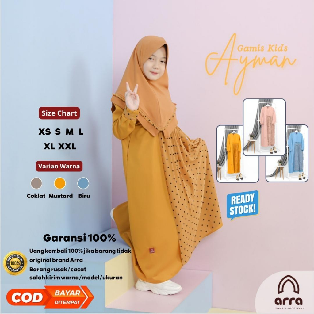 Arra Ayman Gamis Kerudung Anak Perempuan Umur 2 - 12 Tahun Bahan Toyobo Premium Mix Ceruty Polkadot 