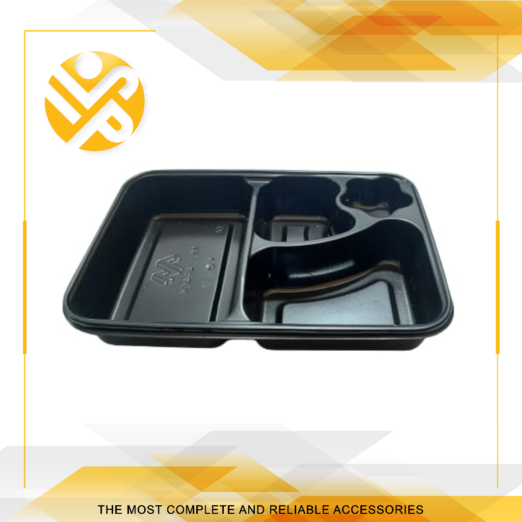 Kotak Makan Plastik / Box Bento / Mika Tray Bento Kotak Hitam 4 Sekat