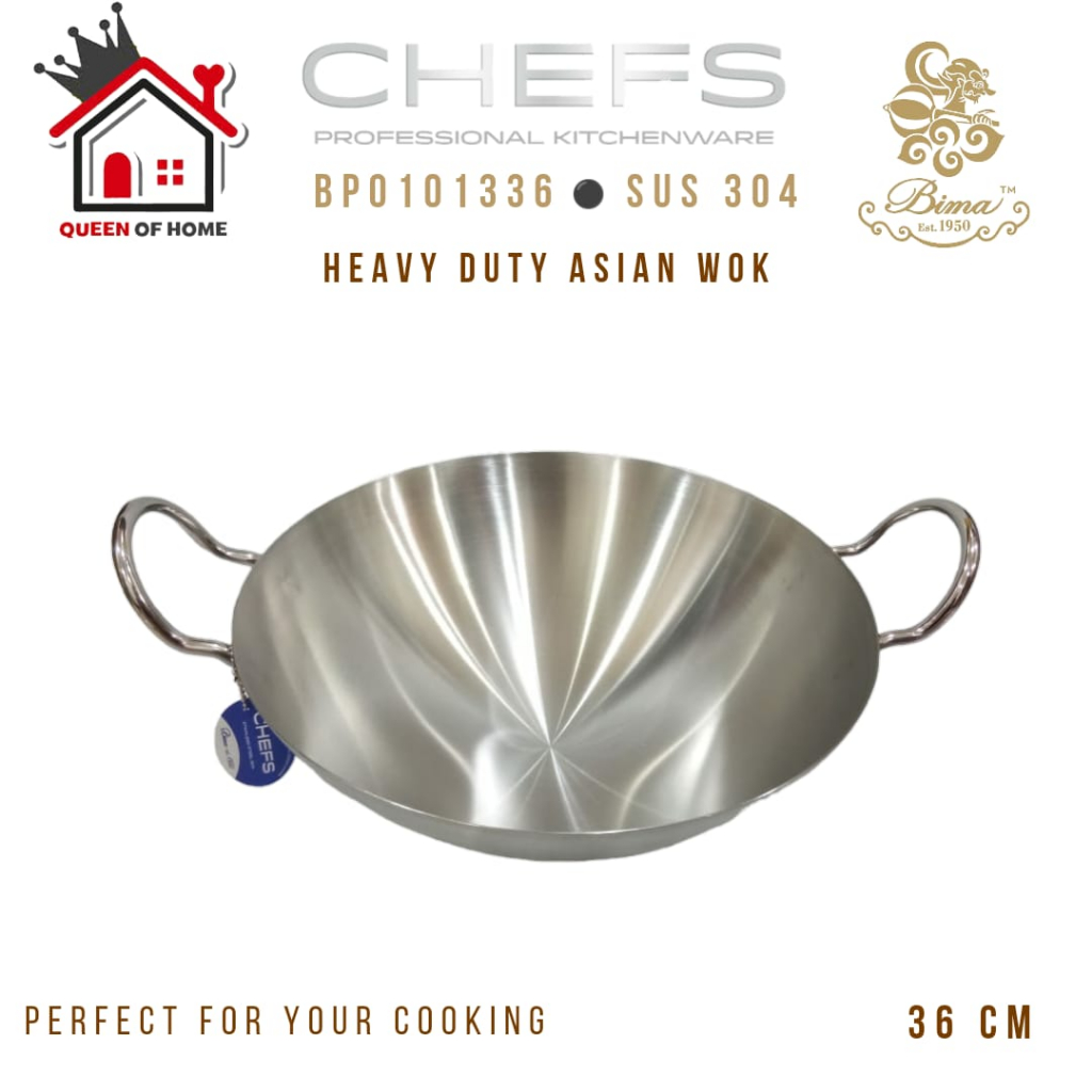 Bima Chefs Heavy Duty Asian Wok 36cm Stainless 304 Wajan Kuali Penggorengan Stainless BP0101336