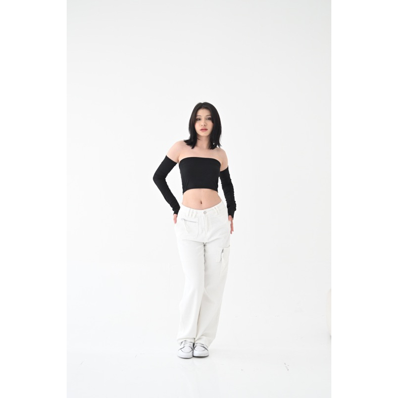 [LUNADEDOVE] L10 / WHITE BAGGY ZIPPER PANTS - Celana Baggy Putih Jeans Wanita Zipper Details