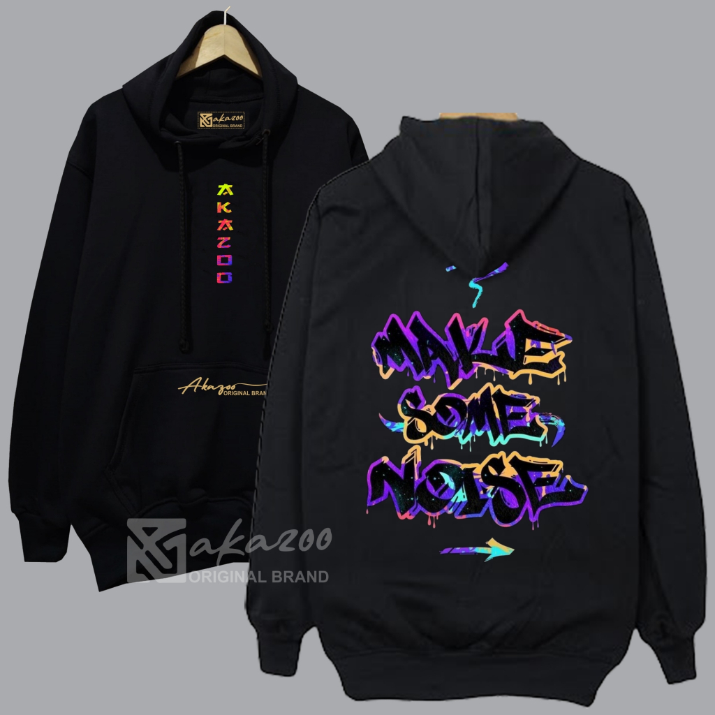 hoodie cowok distro big size korea JPN AKAZOO gambar depan blakang warna hitam MAKE SOME NOISE 05