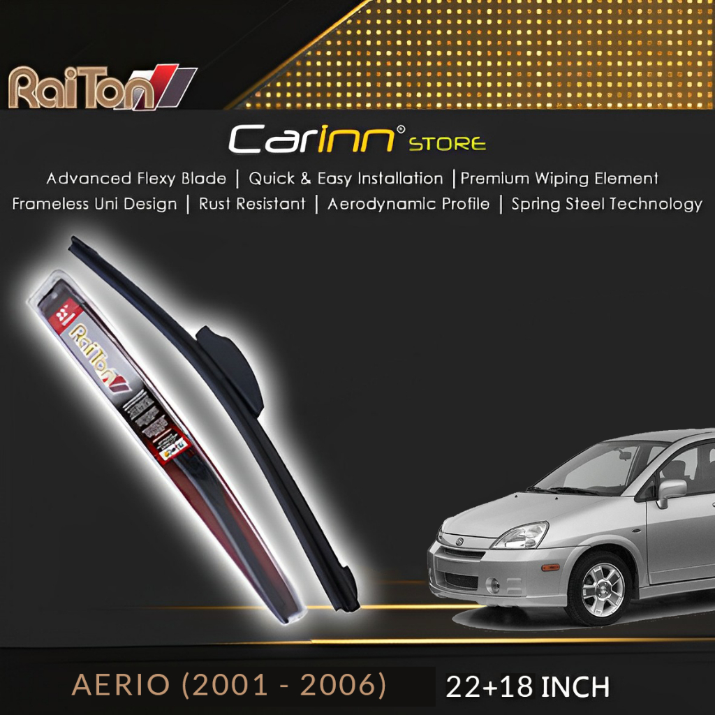Raiton Sepasang Wiper Frameless Full Karet Kaca Depan Suzuki Aerio 2001-2006 22" & 18" -2 Pcs