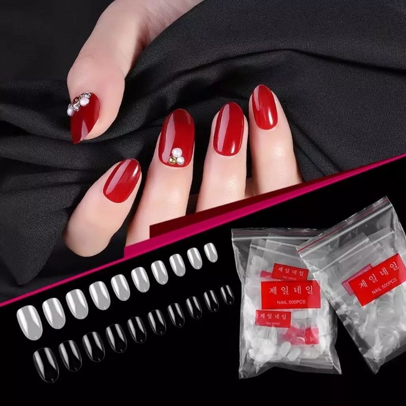 Kuku Palsu Oval/ Almond Shape Full Tip Warna Clear Bahan Tebal Tdak Mudah Patah