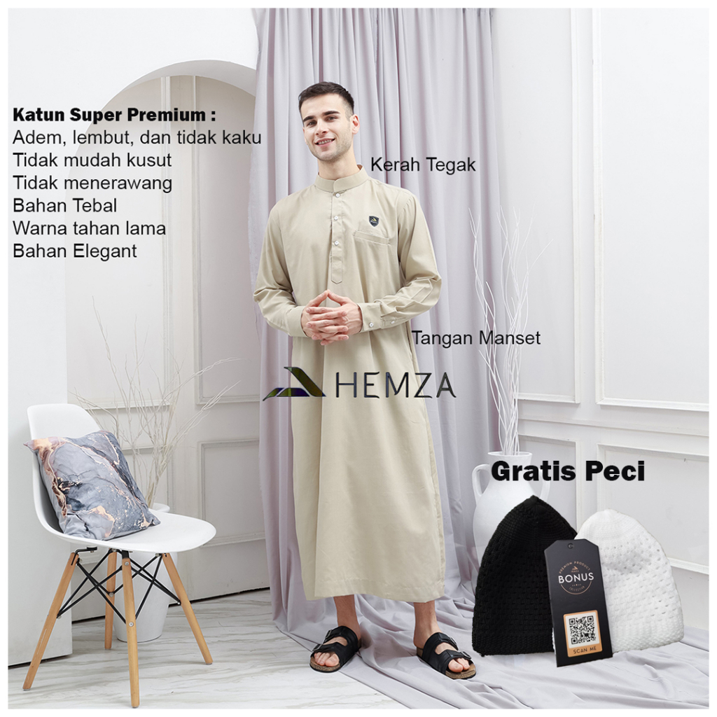 Gamis Pria / Jubah Pria / Baju Muslim Pria Kerah Tegak Tangan Manset