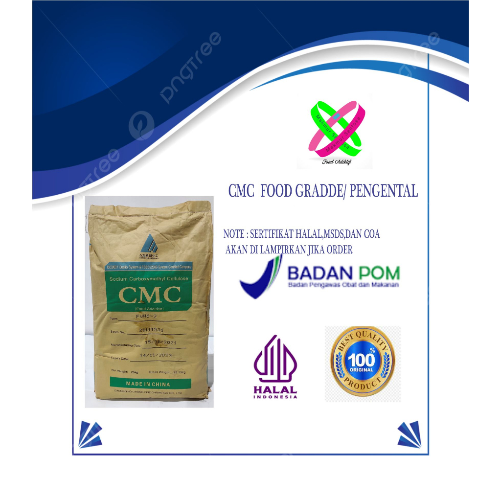 

SODIUM CARBOXYMETHYL CELLULOSE. FOOD GRADE. CMC/PENGENTAL/PENGSTABIL EMULSI KEKENTALAN 1500-2500 CPS