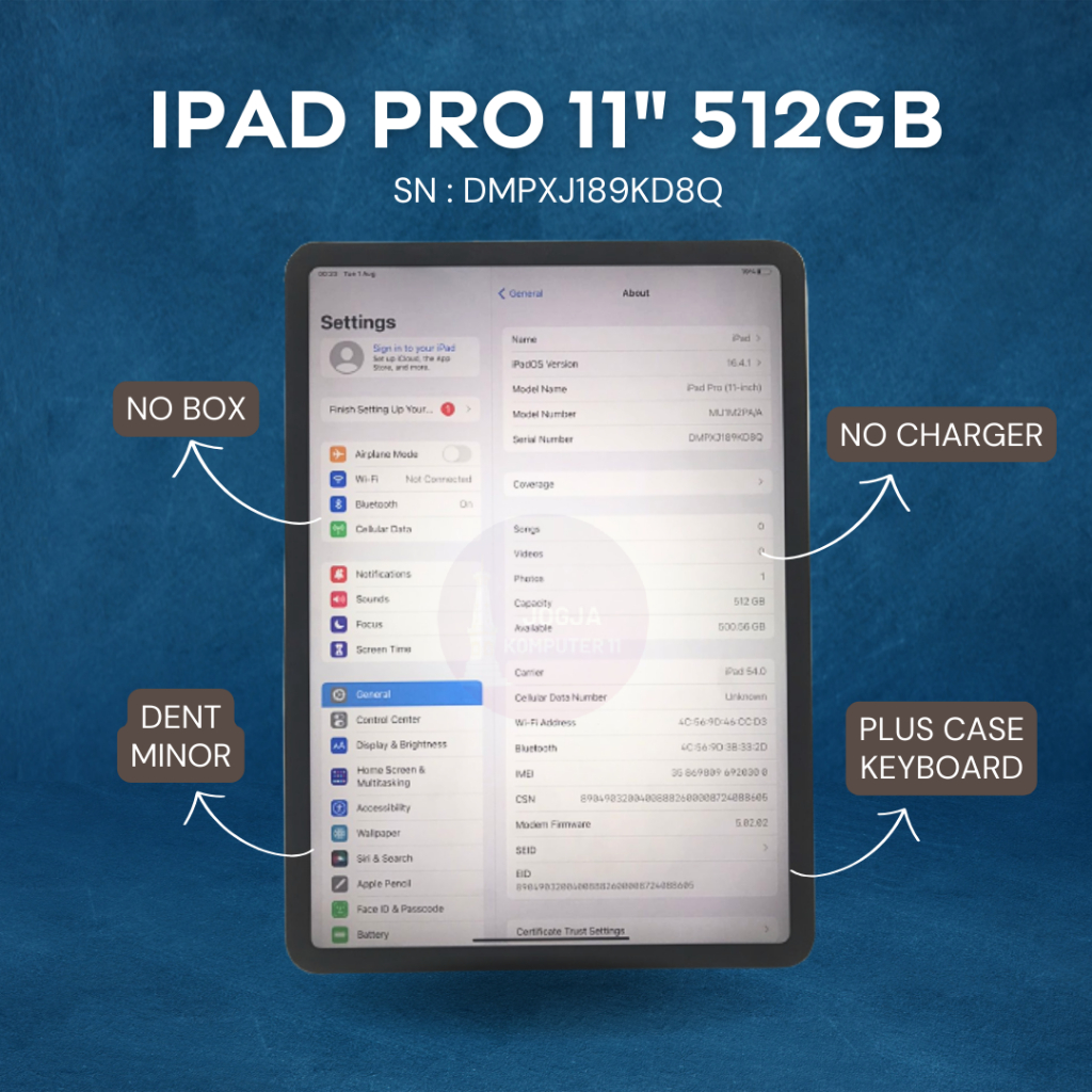 IPAD PRO 11 INCH 512GB SECOND MULUS WITH CASE KEYBOARD UNIT ONLY