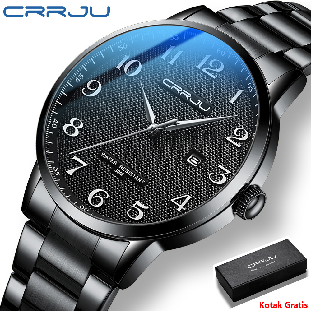 CRRJU Jam Tangan Pria Anti Air Analog Bisnis Santai Otomatis Date Tali Stainless Steel Jam Tangan Co
