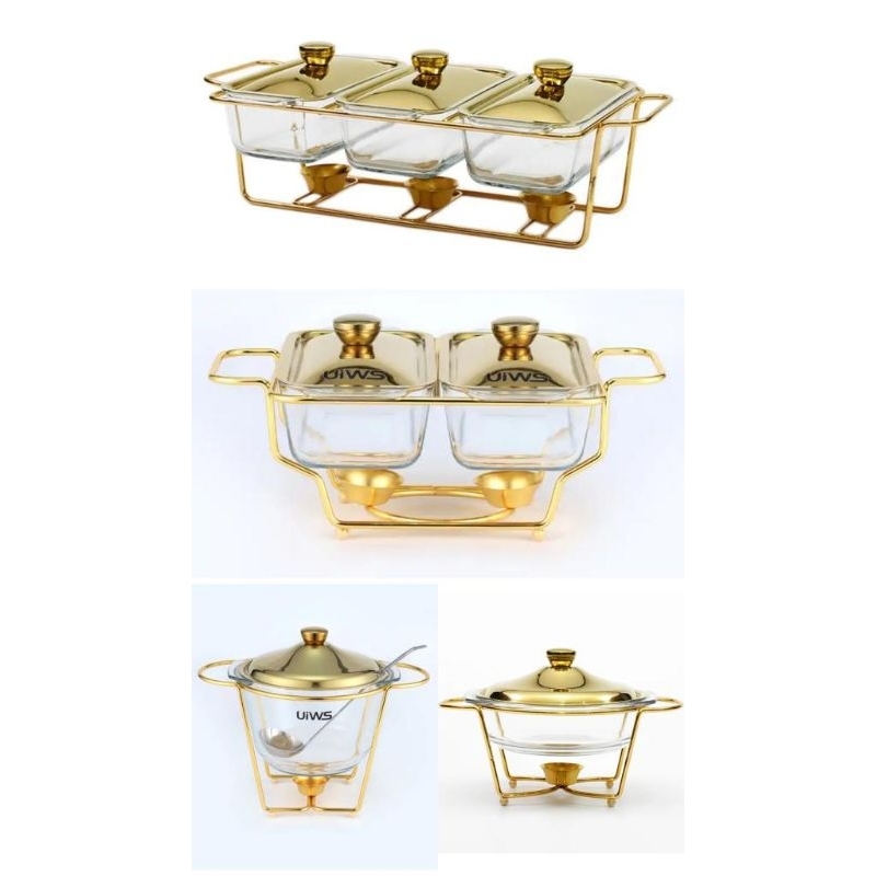 Prasmanan set kaca polos Gold Food Warmer Tempat sayur Kotak Piring Mangkok mangkuk Tempat Sup soup 