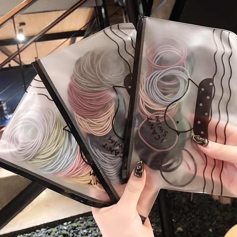 50/100Pcs Ikat Rambut Korea Free Pouch Ikat Rambut Warna Polos Karet Elastis