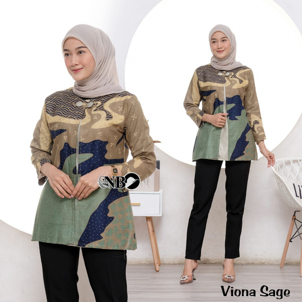 Baju Batik Wanita Modern Kantor Elegan Lengan Panjang Kancing Depan Ld 110 Kombinasi Kain Polos Atas