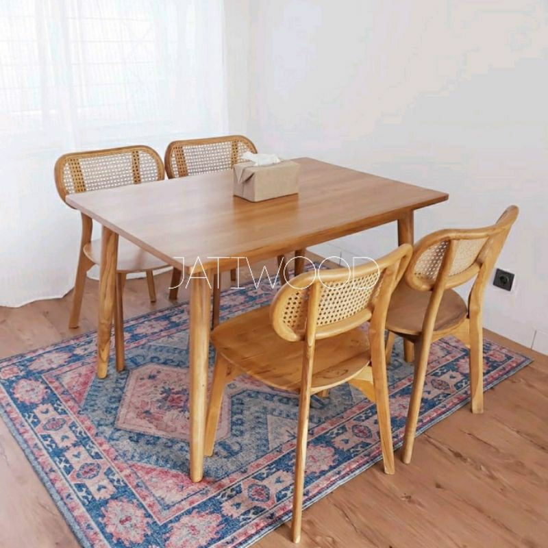 PROMO Set meja makan rotan rattan kayu jati solid 4 kursi retro Jepara