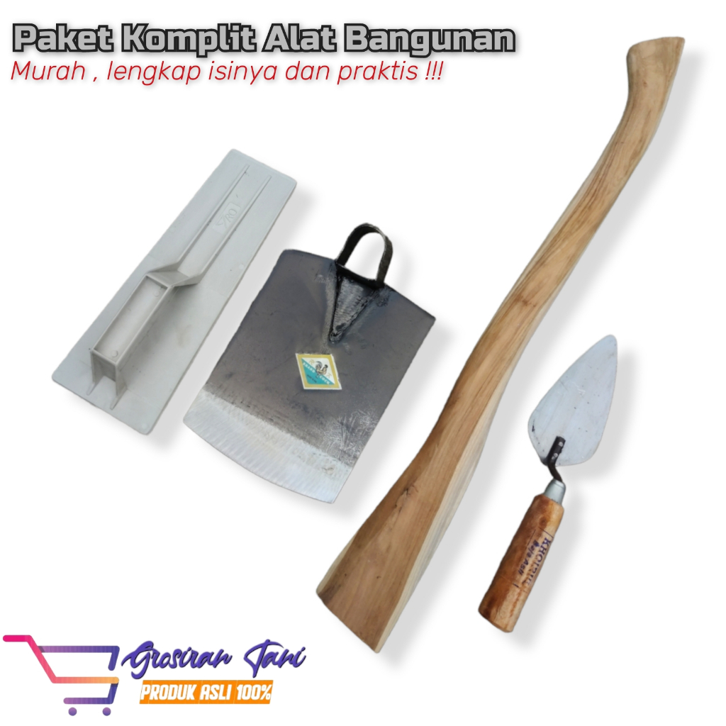 ( PAKET KOMPLIT ) Cangkul , Gagang , Roskam , Dan Cetok Semen - Cangkul Cap Ayam Jago Baja Anti Leng