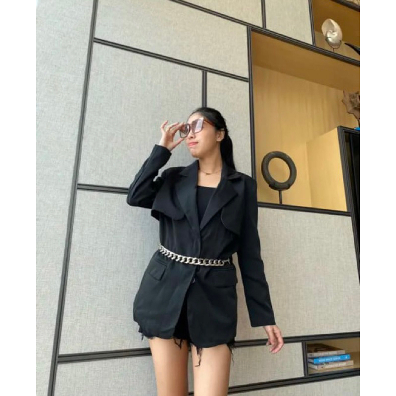 Blazer Wanita Hitam Premium Belt Rantai