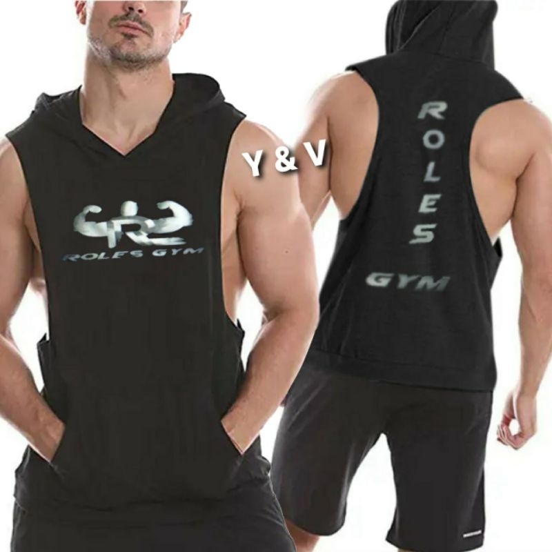 Singlet Hoodie Pria Singlet Pria Baju Olahraga Pria Gym Fitnes Jogging Senam Hoodie Tanktop Topi Baj