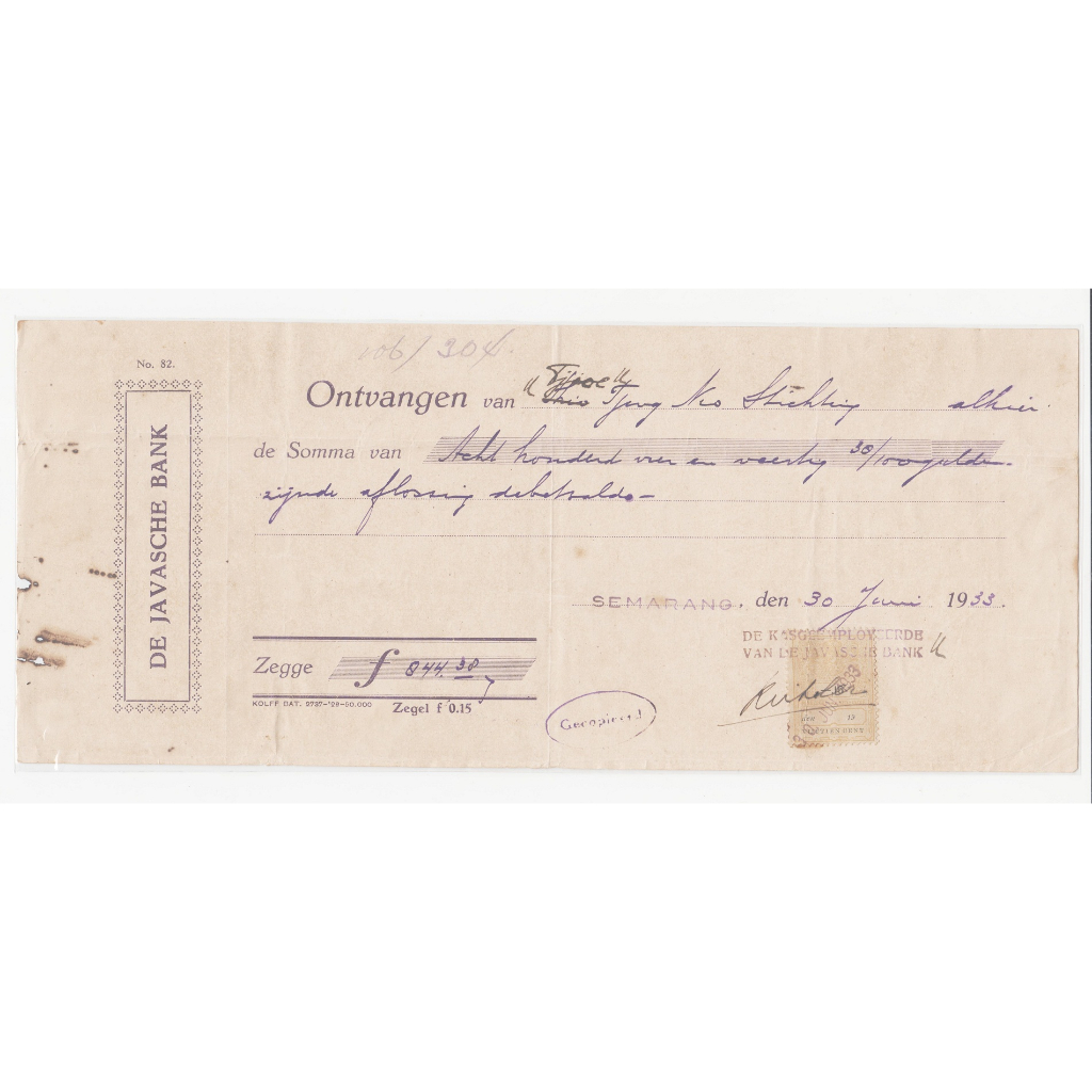 Dokumen Kuitansi Kuno De Javasche Bank Semarang 1933