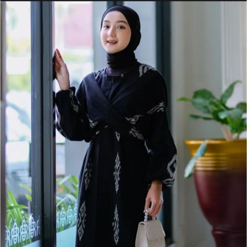 dress tenun baju kondangan Wanita model Rania outfit kekinian warna hitam korean Style