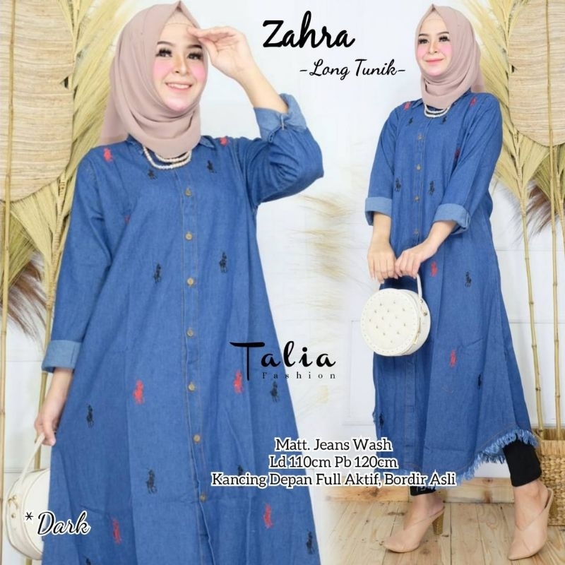 Zahra long tunik jeans atasan wanita remaja dan dewasa long tunik jeans bordir