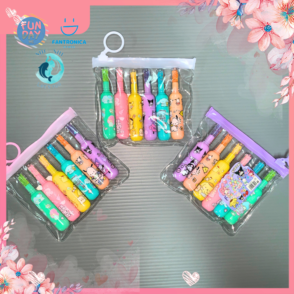 

Sanrio Characters Highlighter 6 in 1 With Pouch / Penanda Warna Pastel 1 Set Isi 6 Warna Cerah dan Soft Kemasan Mika Lucu