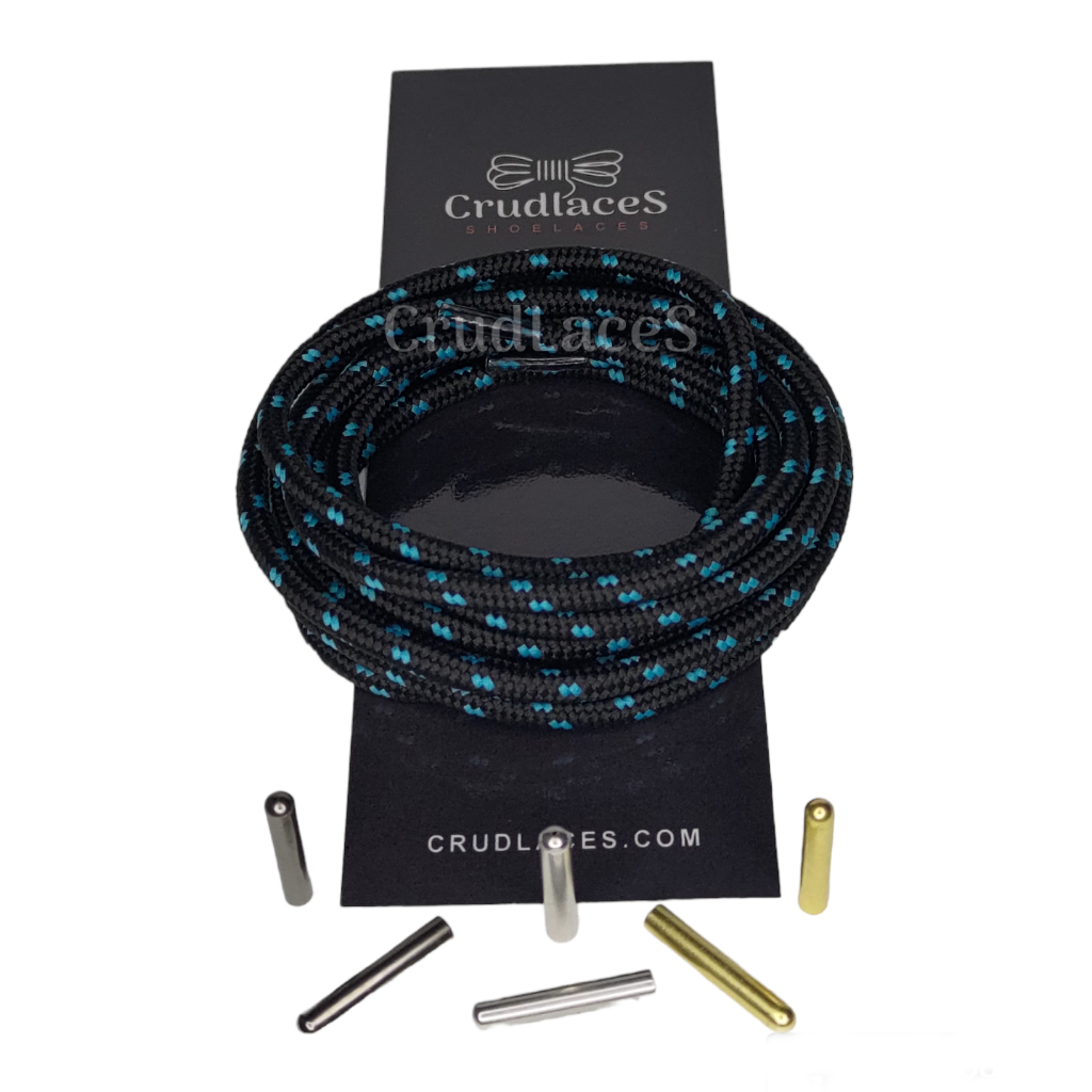 Tali Sepatu Gunung Bulat Premium Hitam Motif Biru Stabilo - Round Shoelace Ujung Tali Aglets Metal B