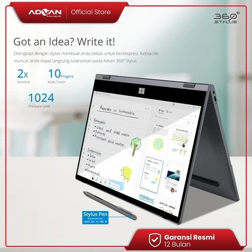ADVAN Laptop 360 Stylus 2in1 Touchscreen - Intel i3 14.1'' FHD IPS