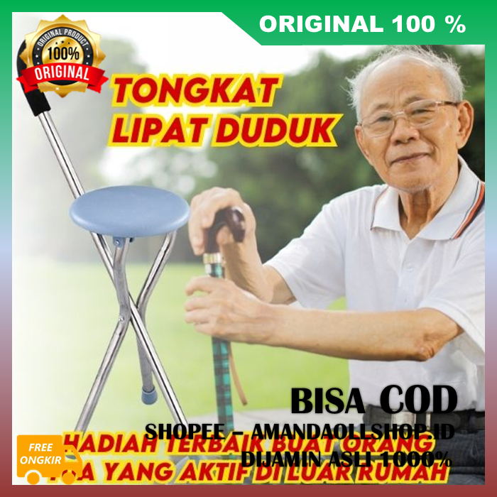 Tongkat Lipat Duduk Tongkat Kursi Lipat 2in1-Tongkat Bantu Jalan 3 Kaki Bisa Dipakai Duduk 100% ASLI