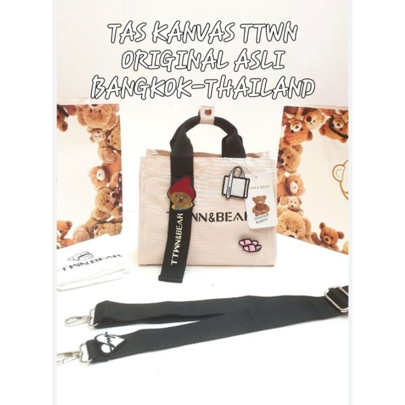 TAS KANVAS VIRAL TTWN BEAR BANGKOK~THAILAND☆NEW CANVAS CUTE BAG WITH BROOCH