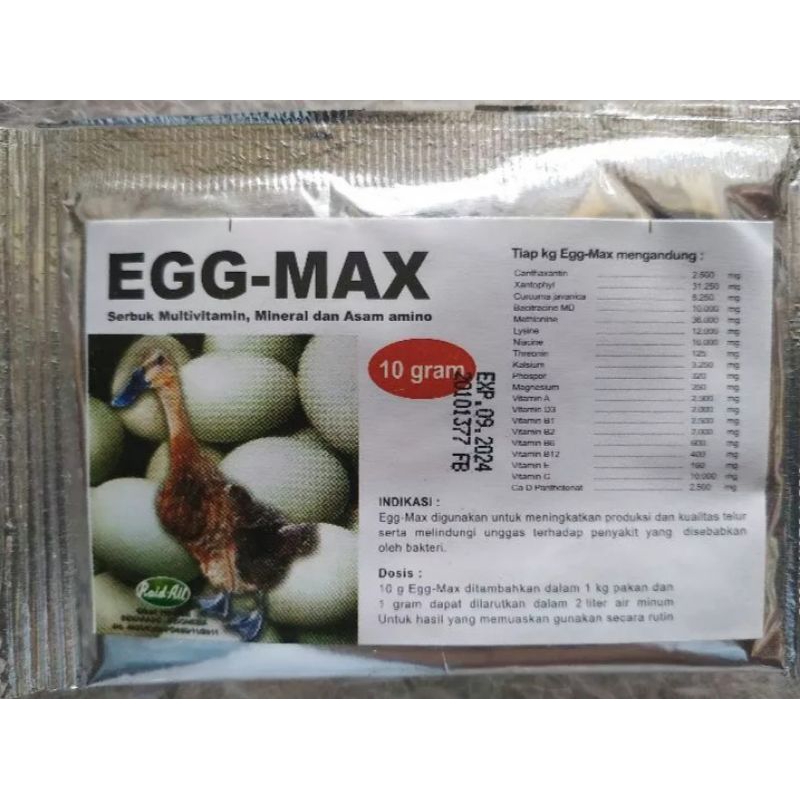 EGG MAX BEBEK 10GR SERBUK MULTIVITAMIN MINERAL ASAM AMINO UNTUK MENINGKATKAN PRODUKSI & KUALITAS TEL