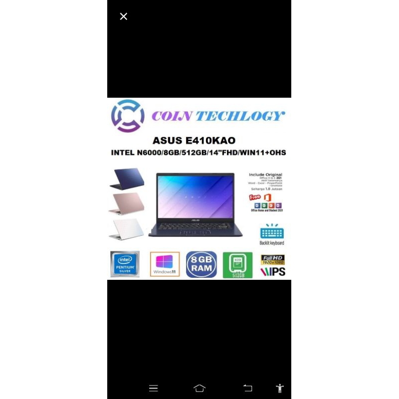 ASUS VIVO BOOK E410 KAO,Intel N6000/ram.8gb/512 gb/14 in FHD/Win11+ohs