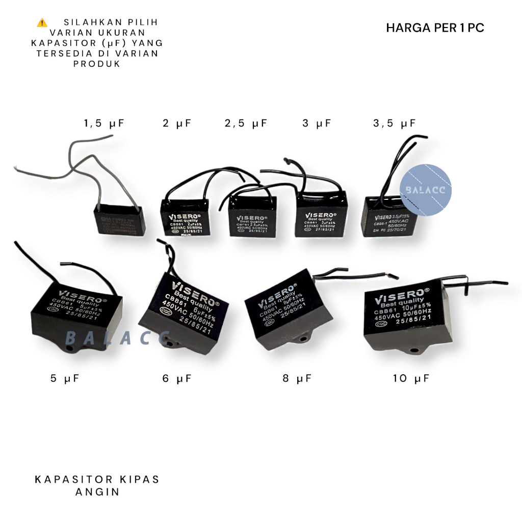 Kapasitor Kipas Angin Visero CBB61 1.5UF 2UF 2.5UF 3UF 3.5UF 5UF 6UF 8UF 10UF 450V