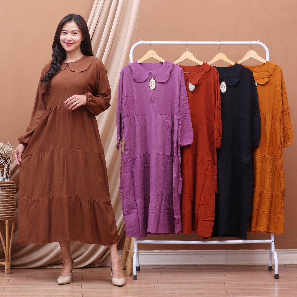 Midi Dress Susun Polos Rayon