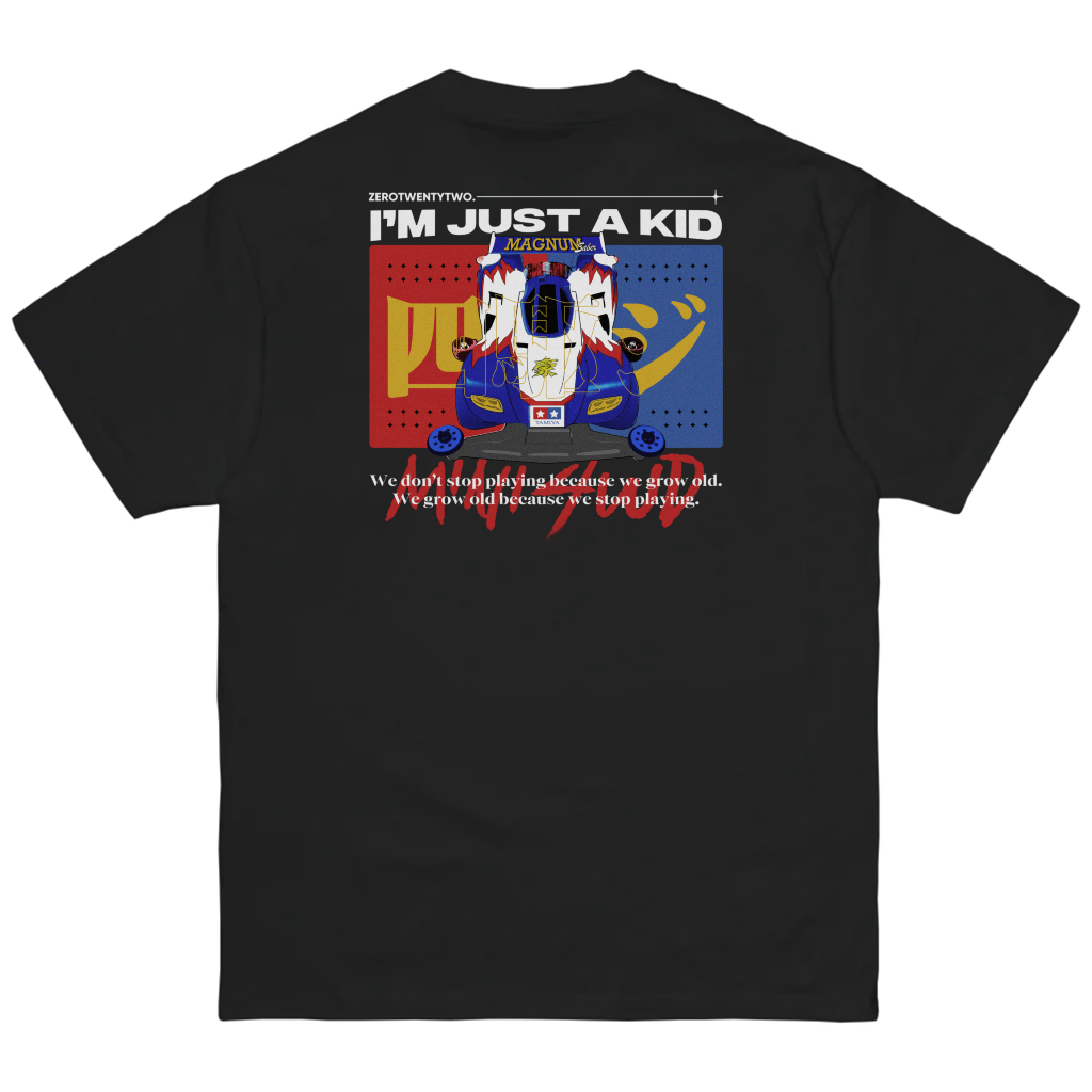 Kaos Distro Parodi Zerotwentytwo T-Shirt Tamiya I Am Just A Kid Black | Baju Parody Pria Mainan Gene