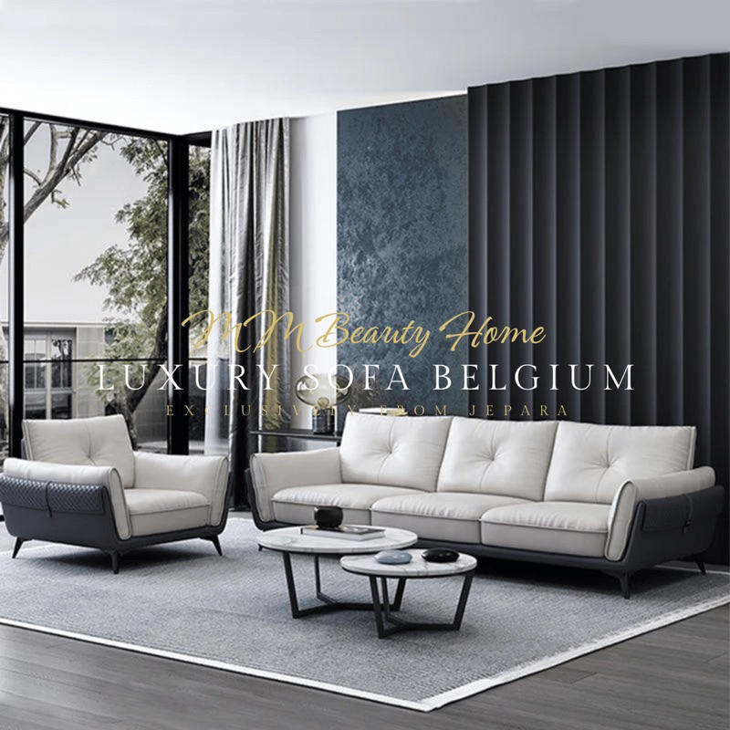 Sofa ruang tamu mewah kombinasi meja marmer import material rangka kayu jati kombinasi kain mebel kh