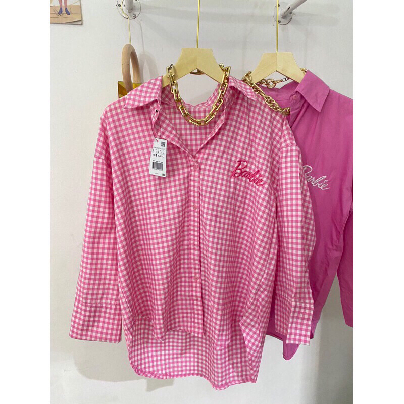 Kemeja barbie zara // baju atasan wanita katun import // pink tartan poplin