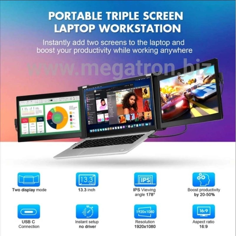 Portable Triple Screen Monitor 13 inch (cocok utk laptop 14" - 17")